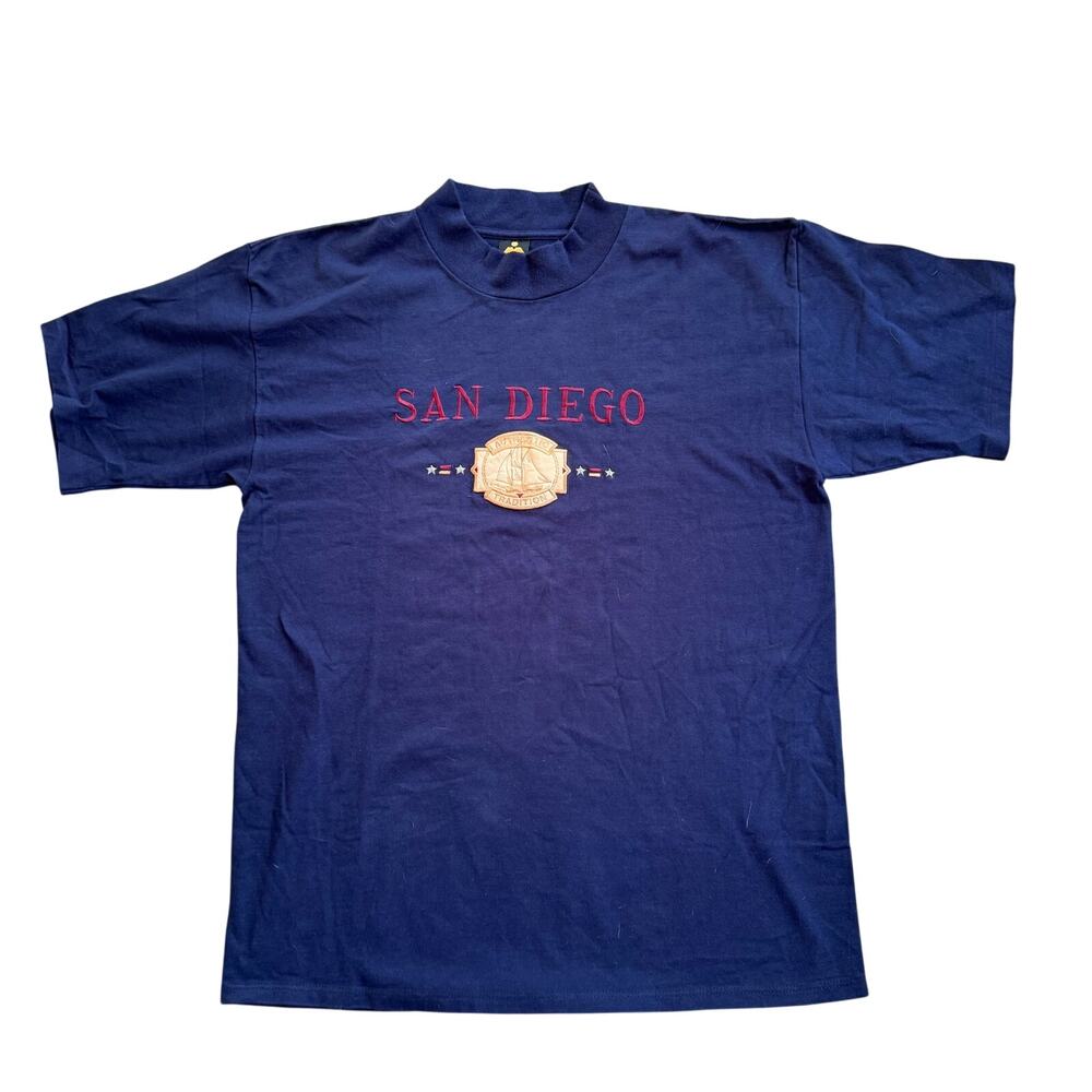 Vtg 1990s Navy Embroidered San Diego High Neck Tshirt XL